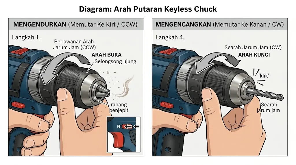 Arah Putaran Keyless Chuck