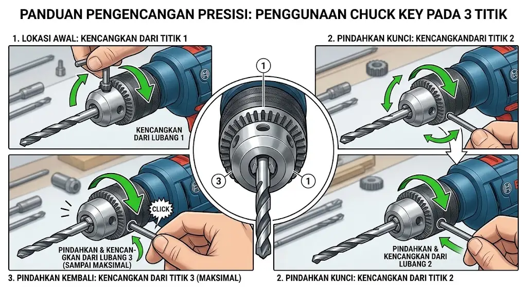 Penggunaan Chuck Key pada 3 Titik